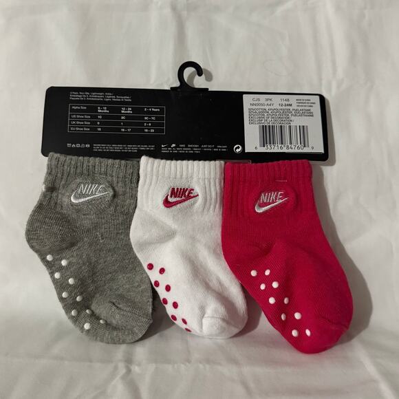 Nike Baby 3 Pk Pink White Grey Ankle No Slip Embroidery Logo Sock Set Sz 12-24 M - Picture 5 of 7